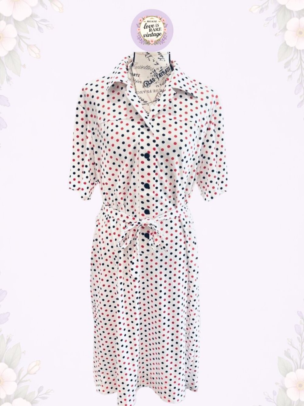 Vintage Red Black Polka Dot Belted Shirtdress • 1970s Americana Day Dress • USA - Picture 2 of 8